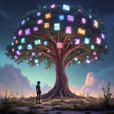 The primary subject of the image is a tree with many different colored squares attached to it. The tree is located in a field, and the visual style appears to be a digital art or illustration. The tree is surrounded by a variety of colors, creating a vibrant and lively atmosphere.